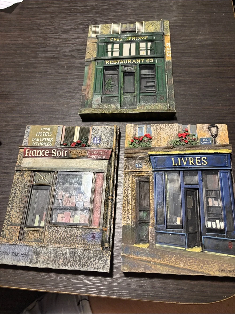Vintage Parisian Store Front Wall Plaques, set of 3.
